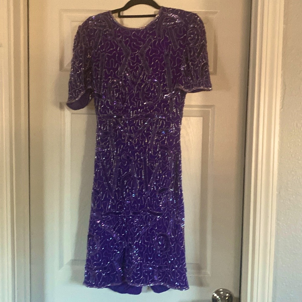 Laurence Kazar Elegant Purple Beaded and Sequined Dress